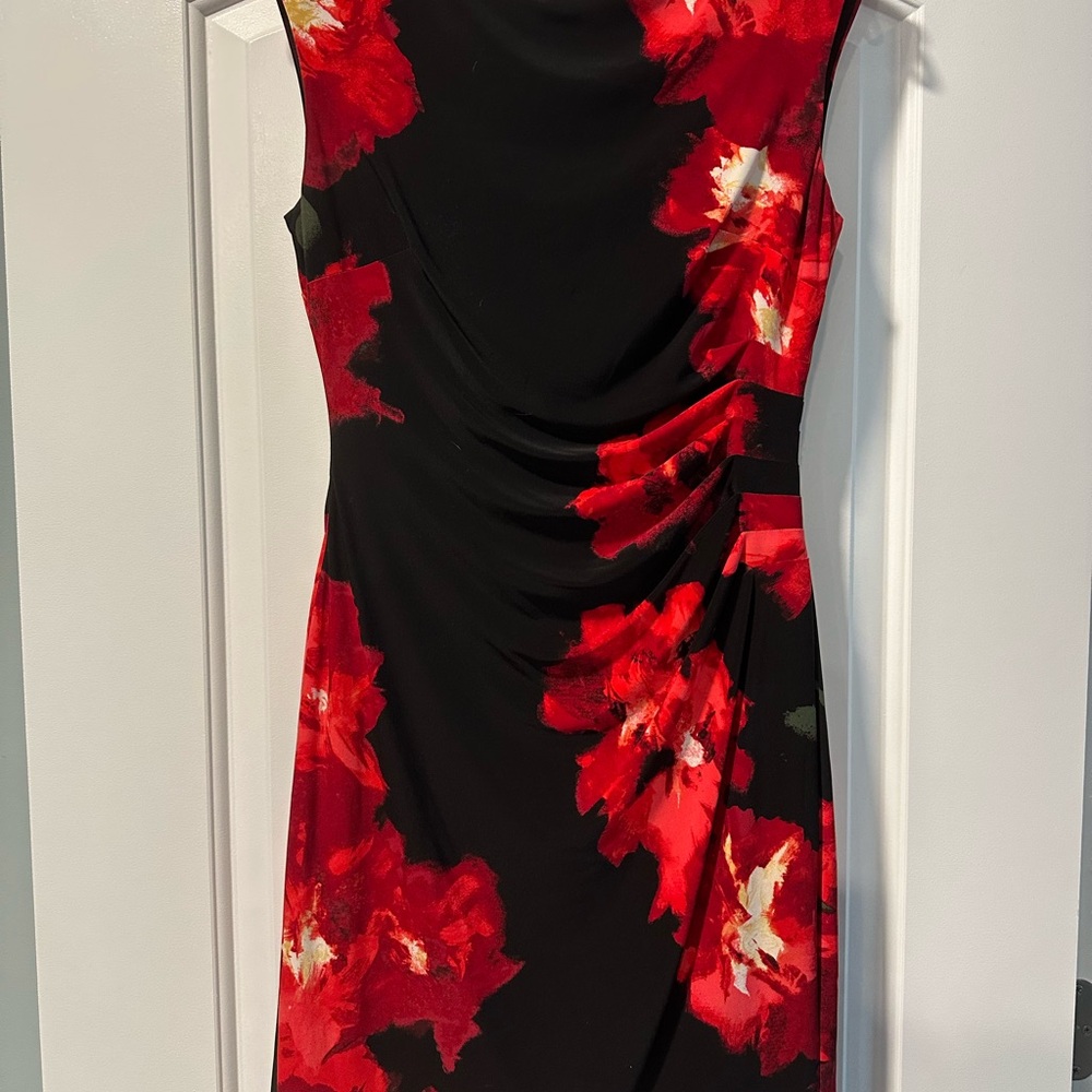 Ralph Lauren Black Red Roses Cap Sleeve Dress Size 8 - Excellent Condition